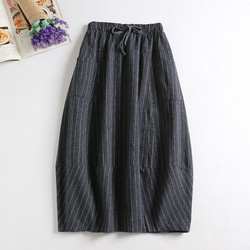 F230(再販3)綿麻スカート　バルーンスカートストライプ　ポケット付き 1枚目の画像