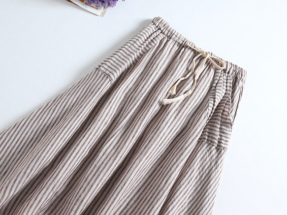 f5314 シンプルで可愛い　ポケット付き　綿麻ストライプスカート 2枚目の画像