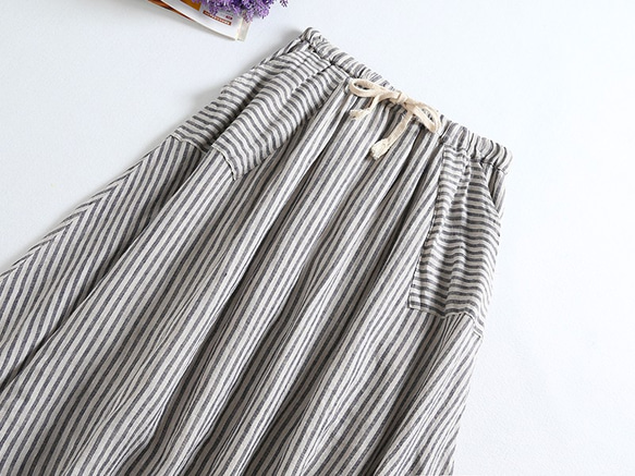 f5315 （再販2）シンプルで可愛い　ポケット付き　綿麻ストライプスカート グレー 2枚目の画像