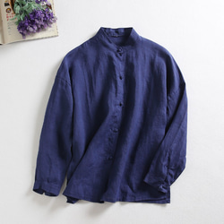 f62013 麻100％　シャツ　立て襟　長袖　夏の日避けにも　紺色 1枚目の画像