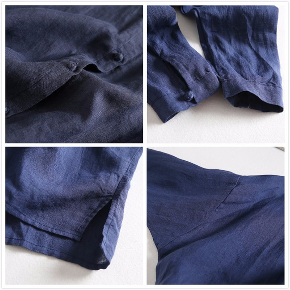 f62013 麻100％　シャツ　立て襟　長袖　夏の日避けにも　紺色 4枚目の画像