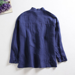 f62013 麻100％　シャツ　立て襟　長袖　夏の日避けにも　紺色 5枚目の画像