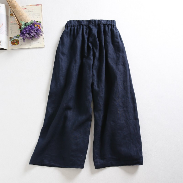 f62306（再販2）刺繍　麻生地　ウェイド　パンツ　ズボン　　紺色 5枚目の画像