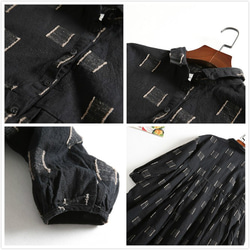 f101016（再販2）特製の刺繍生地　正方形柄　ハイウェストワンピース　シャツワンピース　ブラック 4枚目の画像