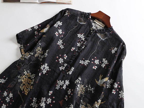 f8042405 国産リネン　オリジナルプリント　夏のロングシャツ　チュニック　7分袖 2枚目の画像