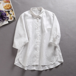 襯衫大麻天然亞麻剪裁和縫製涼爽襯衫 3/4 袖白色 F8042411 第1張的照片