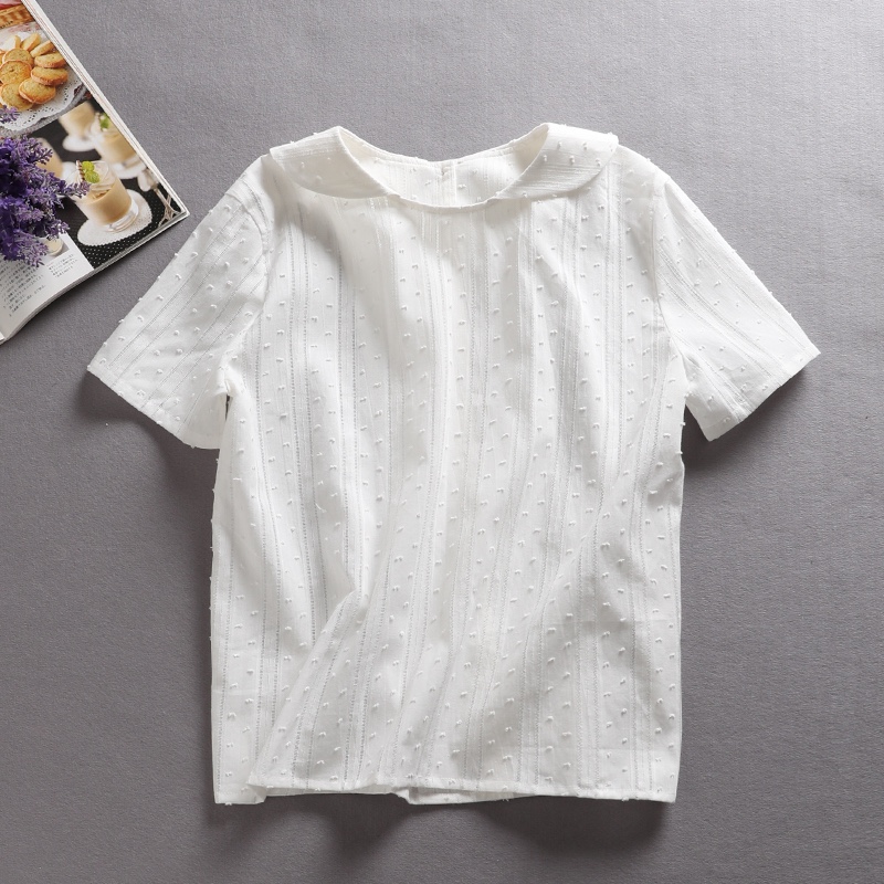 f8042410 こだわりのコットン生地　丸襟　後ろボタン　ブラウス　トップス　半袖