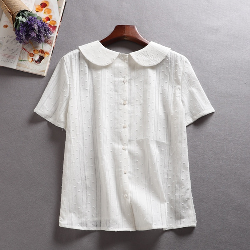 美品＊45R コットンカットワークブラウス 3 バックボタン 半袖 日本製 美品＊45R コットンカットワークブラウス 3 バックボタン 半袖