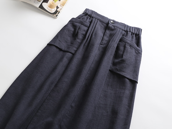 f8050816 　紺色　綿麻　ポケット付き　スカート　ロングスカート 2枚目の画像