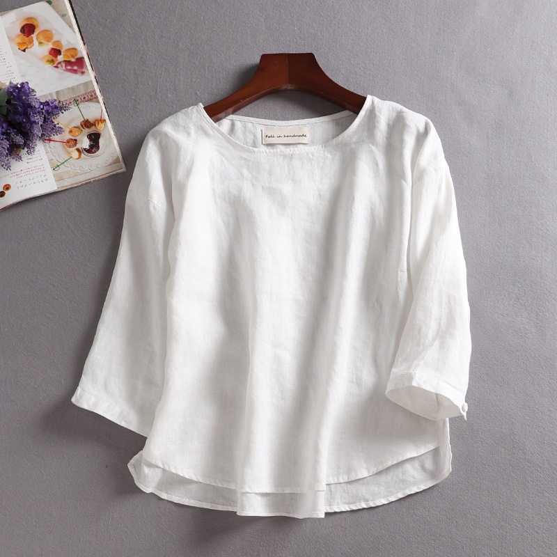 f8051720シンプルで着回しやすい　リネンのブラウス　トップス　7分袖