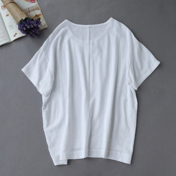 f8061009刺繍入り　シンプルこそ　差をつける　綿麻半袖Tシャツ　ブラウス　トップス　 4枚目の画像