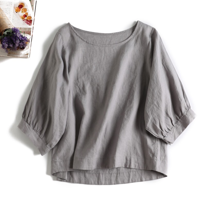 f8080904　夏から秋まで活躍可能　シンプルな7分袖ブラウス　トップス