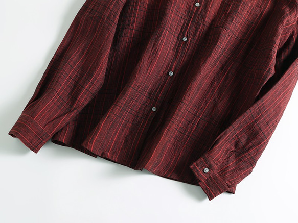 1001-2オリジナル　天然麻の織り生地　チェック柄　年中着れる長袖シャツ 3枚目の画像