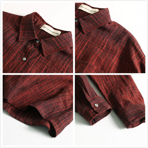 1001-2オリジナル　天然麻の織り生地　チェック柄　年中着れる長袖シャツ 4枚目の画像