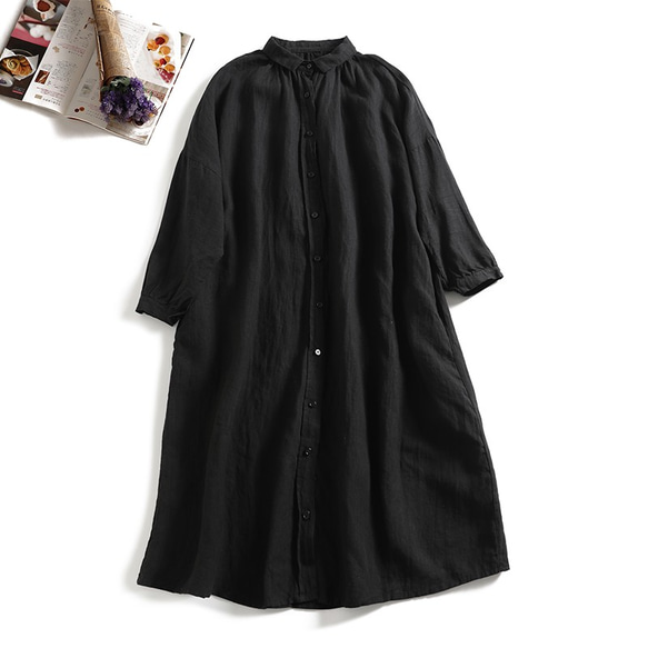 亞麻長襯衫連身裙，拓展您的時尚範圍 黑色 220403-3 第1張的照片