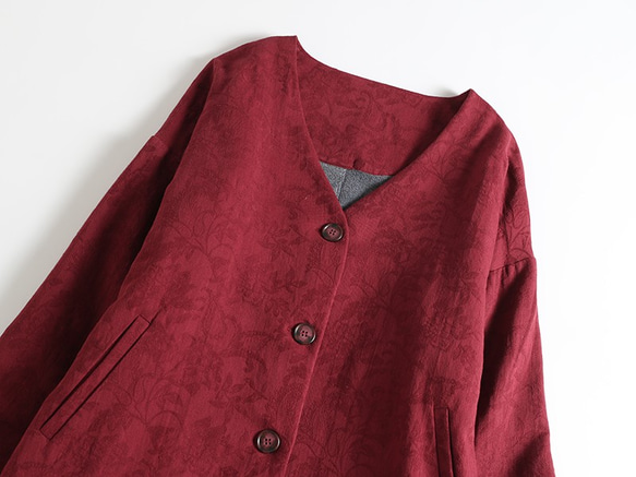 品質へのこだわり　ジャガード織り生地  コート　起毛裏地付き　ロングコート　レッド 2枚目の画像