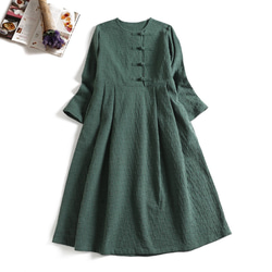 限量秋冬棉麻洋裝手工扣環長裙綠色1124-1 第1張的照片