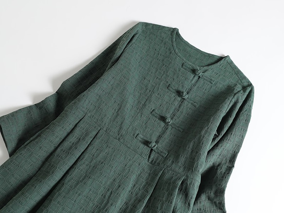 限量秋冬棉麻洋裝手工扣環長裙綠色1124-1 第2張的照片