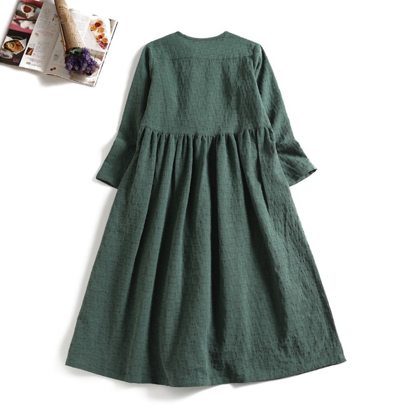 限量秋冬棉麻洋裝手工扣環長裙綠色1124-1 第5張的照片