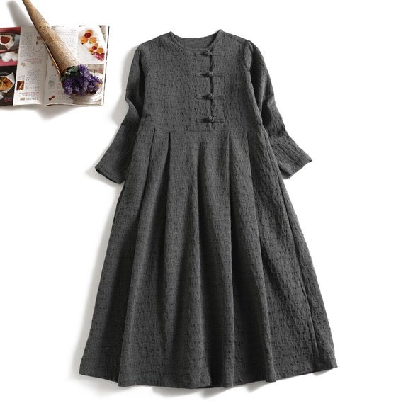 1124-3 限量秋冬棉麻洋裝 手工連結長裙 深灰色 第1張的照片