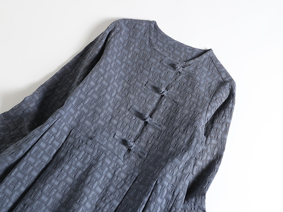 限量秋冬棉麻洋裝 手工扣環長裙 藍灰色 1124-4 第2張的照片