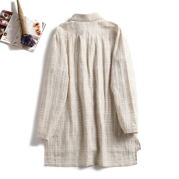 天然麻とコットンの二重織り生地　綿麻　長袖シャツ　チェック柄シャツ1108-4 5枚目の画像
