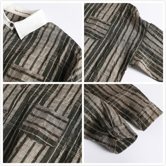 リネン100％　チェック柄　ロングシャツ　シャツワンピース　グリーン+濃いベージュ403-２ 4枚目の画像