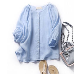 超舒適亞麻開襟衫，防曬，降溫，襯衫，淺藍色 190601-2 第1張的照片