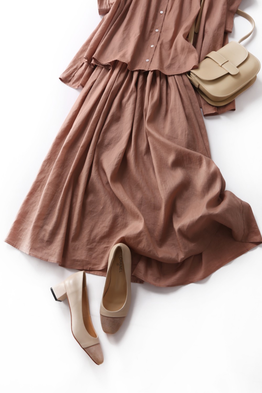 190713-4着回しふわさらロングスカート　裏地つき　リネンスカート　くすんだローズ色