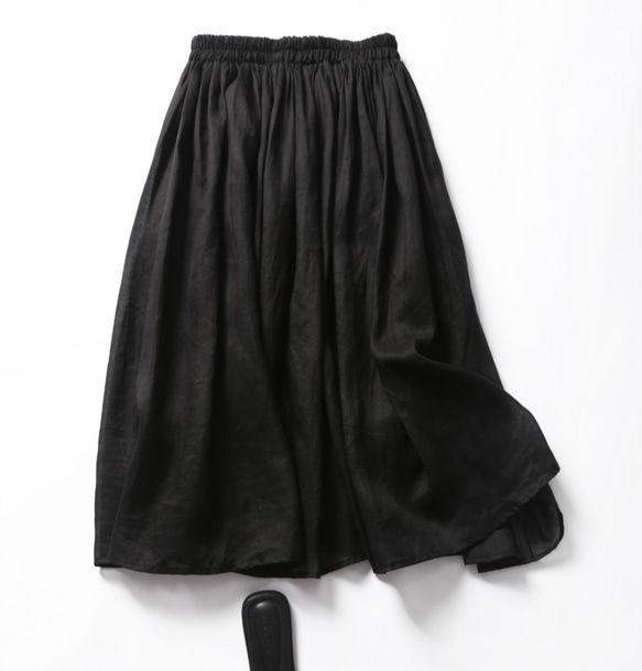 190713-3 蓬鬆長裙有襯亞麻裙黑色 第1張的照片