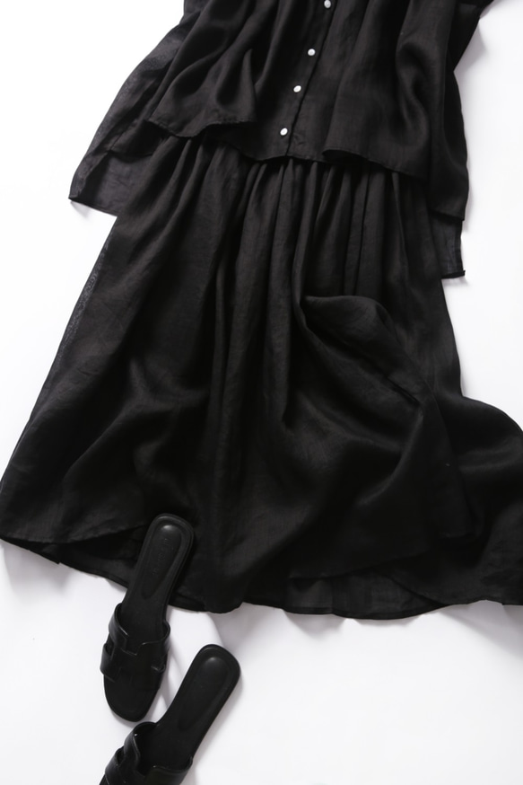 190713-3 蓬鬆長裙有襯亞麻裙黑色 第5張的照片