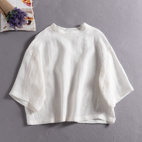 100% 亞麻落袖 3/4 袖襯衫寬鬆白色 190702-1 第1張的照片