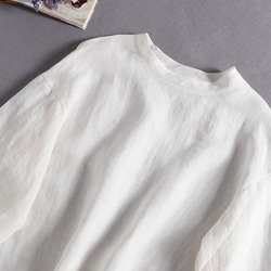 100% 亞麻落袖 3/4 袖襯衫寬鬆白色 190702-1 第2張的照片