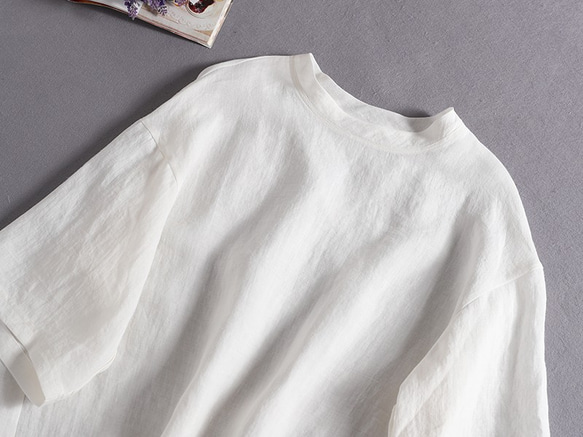 100% 亞麻落袖 3/4 袖襯衫寬鬆白色 190702-1 第2張的照片