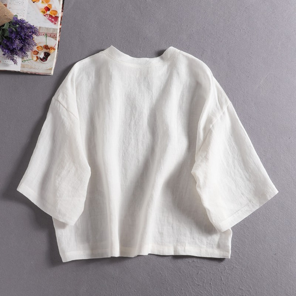 100% 亞麻落袖 3/4 袖襯衫寬鬆白色 190702-1 第6張的照片