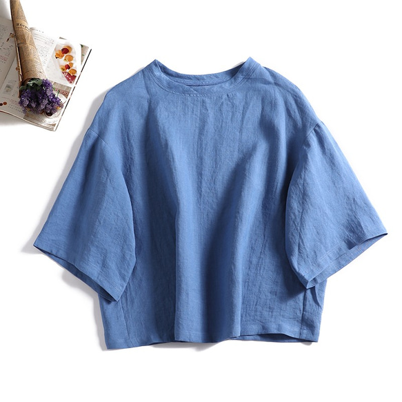 100% 亞麻落袖 3/4 袖襯衫寬鬆藍 190702-2 第1張的照片