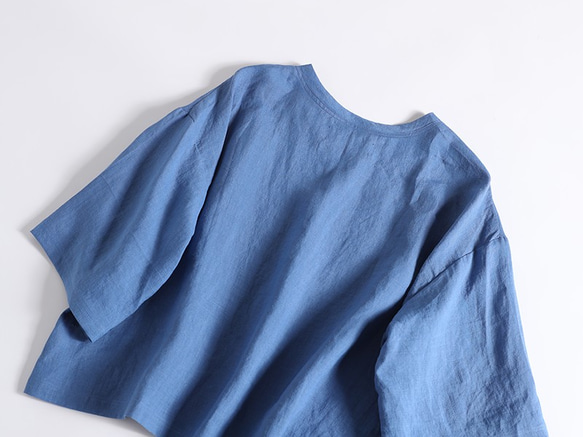 100% 亞麻落袖 3/4 袖襯衫寬鬆藍 190702-2 第5張的照片