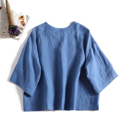 亞麻 100% 落袖 3/4 袖襯衫寬鬆藍色 190702-2 第6張的照片