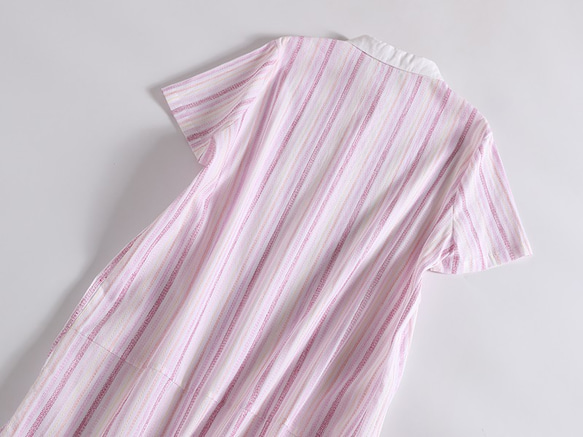 着るほどに愛着がわくワンピース 半袖ジャガードストライプ コットン　ピンク190709-1 5枚目の画像