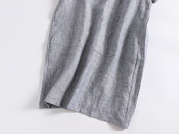 越穿越愛的條紋連身裙，短袖，100% 亞麻，灰色 190709-2 第3張的照片