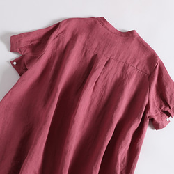 粗獷清爽上衣亞麻襯衫上衣100%亞麻短袖珊瑚紅190710-2 第5張的照片