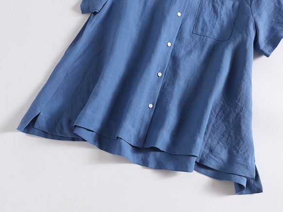 粗獷清爽上衣亞麻襯衫上衣100%亞麻短袖天藍色190710-4 第3張的照片