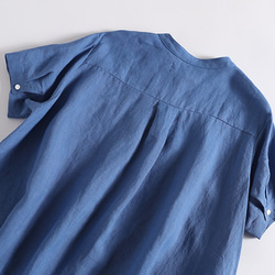 粗獷清爽上衣亞麻襯衫上衣100%亞麻短袖天藍色190710-4 第5張的照片