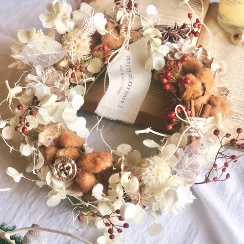 リース(コットンフラワー&野バラ) /クリスマスリースドライフラワー野バラ
