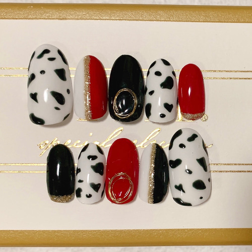 ネイルチップ/赤/黒/ダルメシアン/アニマル/ヒョウ柄/牛柄/白/黒