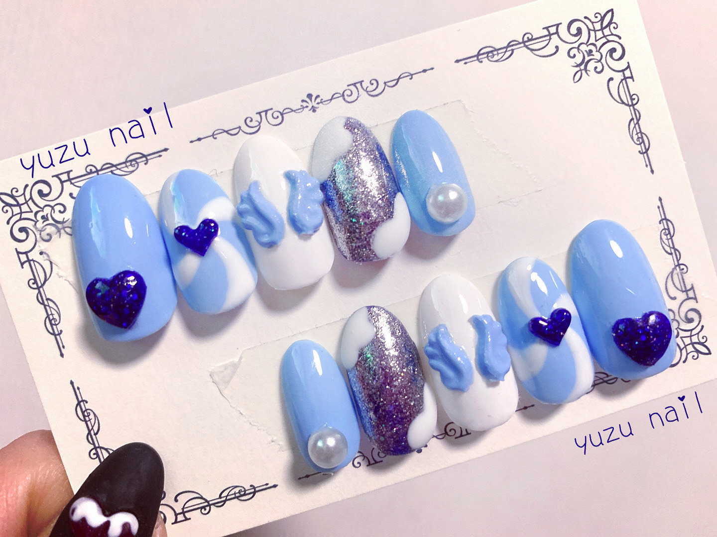 ネイルチップ/ゆめかわ/ブルー/空/天使の羽/キラキラ/雲/お空/ミラー  