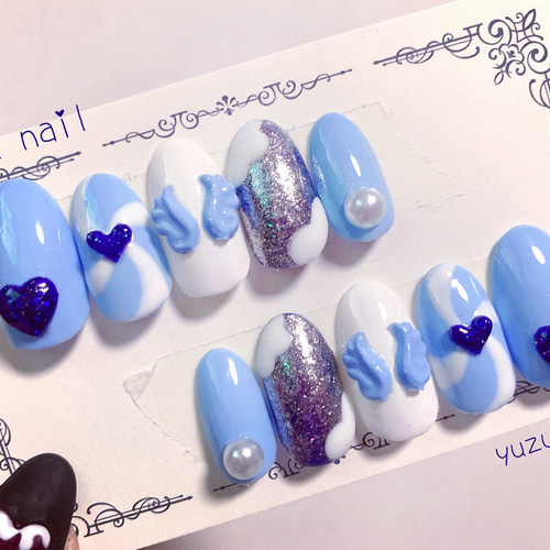 ネイルチップ/ゆめかわ/ブルー/空/天使の羽/キラキラ/雲/お空/ミラー  