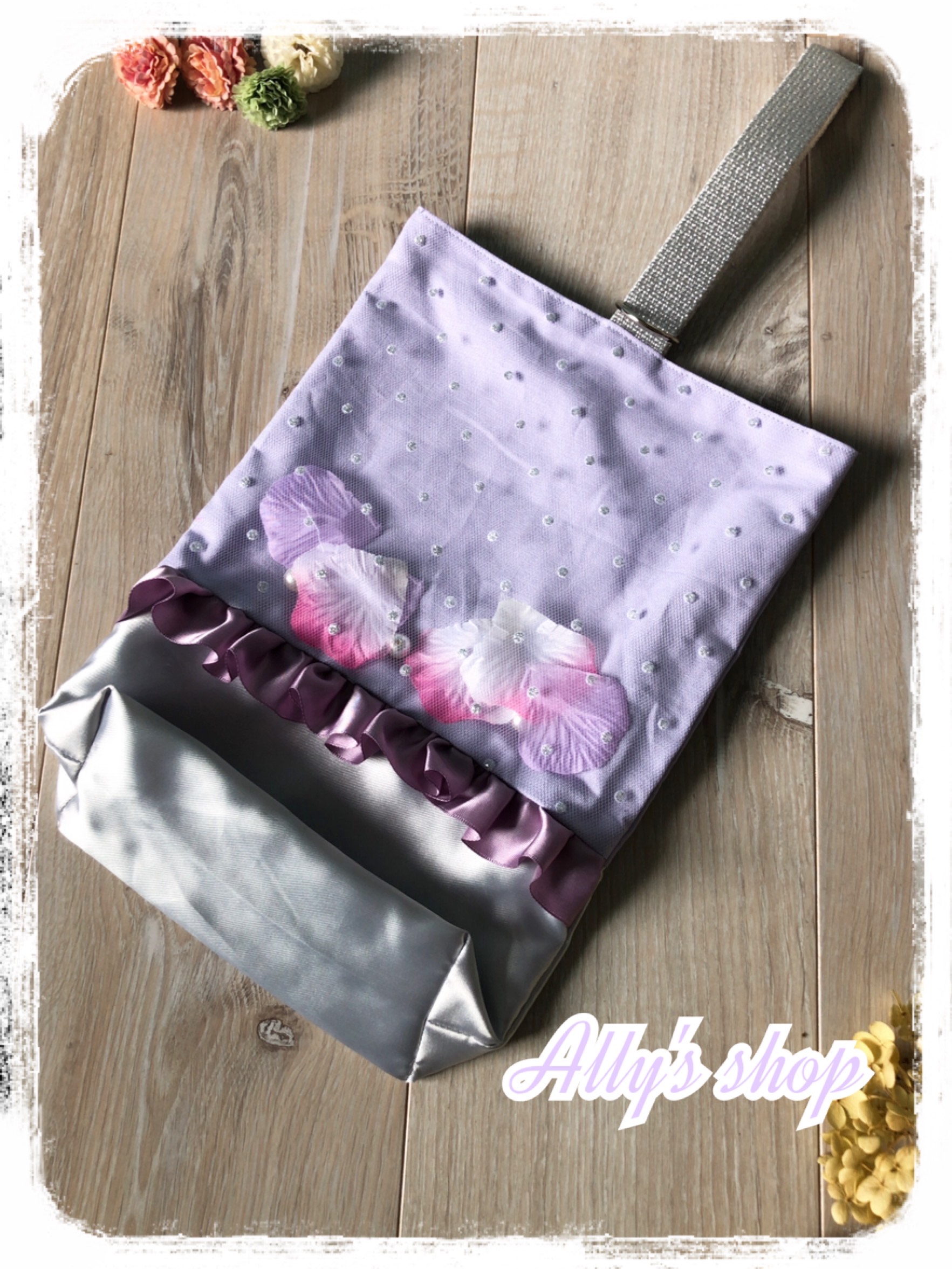 受注制作》上靴入れ シューズバッグ 3D ドットラメチュール×フリル  