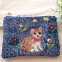 定形外郵便、送料無料】デニム×羊毛フェルト刺繍ポーチ☆ネコ1 ポーチ