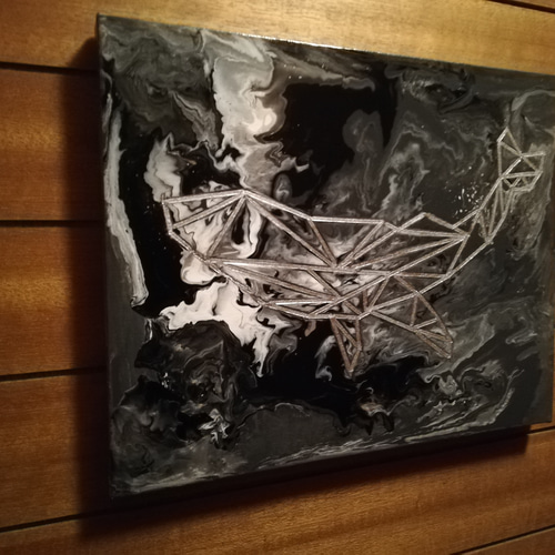 抽象画 クジラのキャンバスアート 約20cm x 25cm ○creema限定○【抽象と幾何学/クジラ(モノトーン銀)インテリア